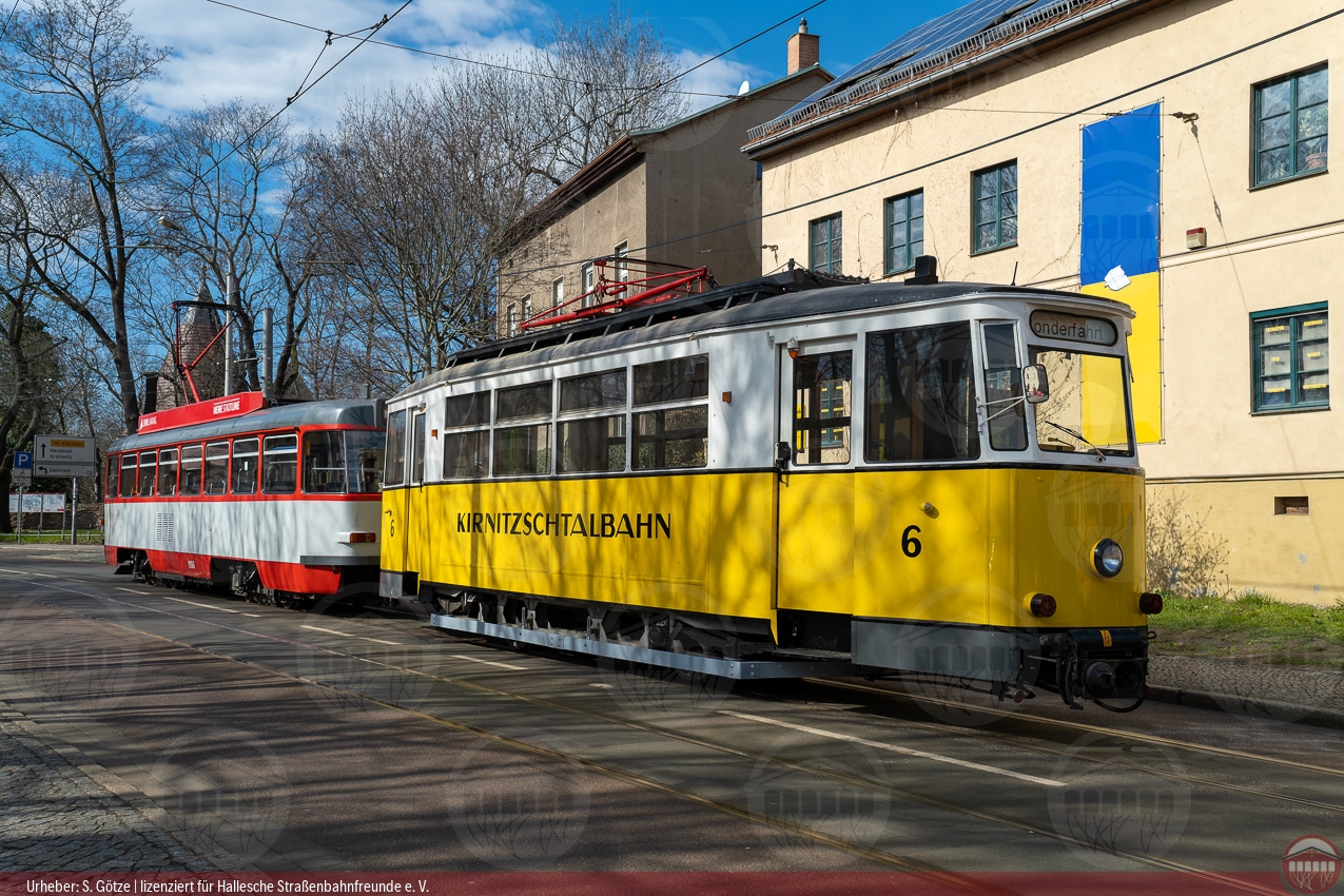 Foto vom historischen Triebwagen 6 in der Seebener Straße