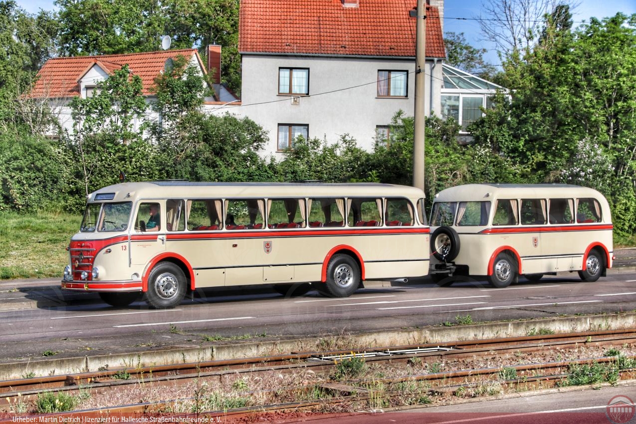 Foto vom historischen Omnibus Nr. 13 mit Anhänger Typ W701 in der Merseburger Straße in Halle-Ammendorf