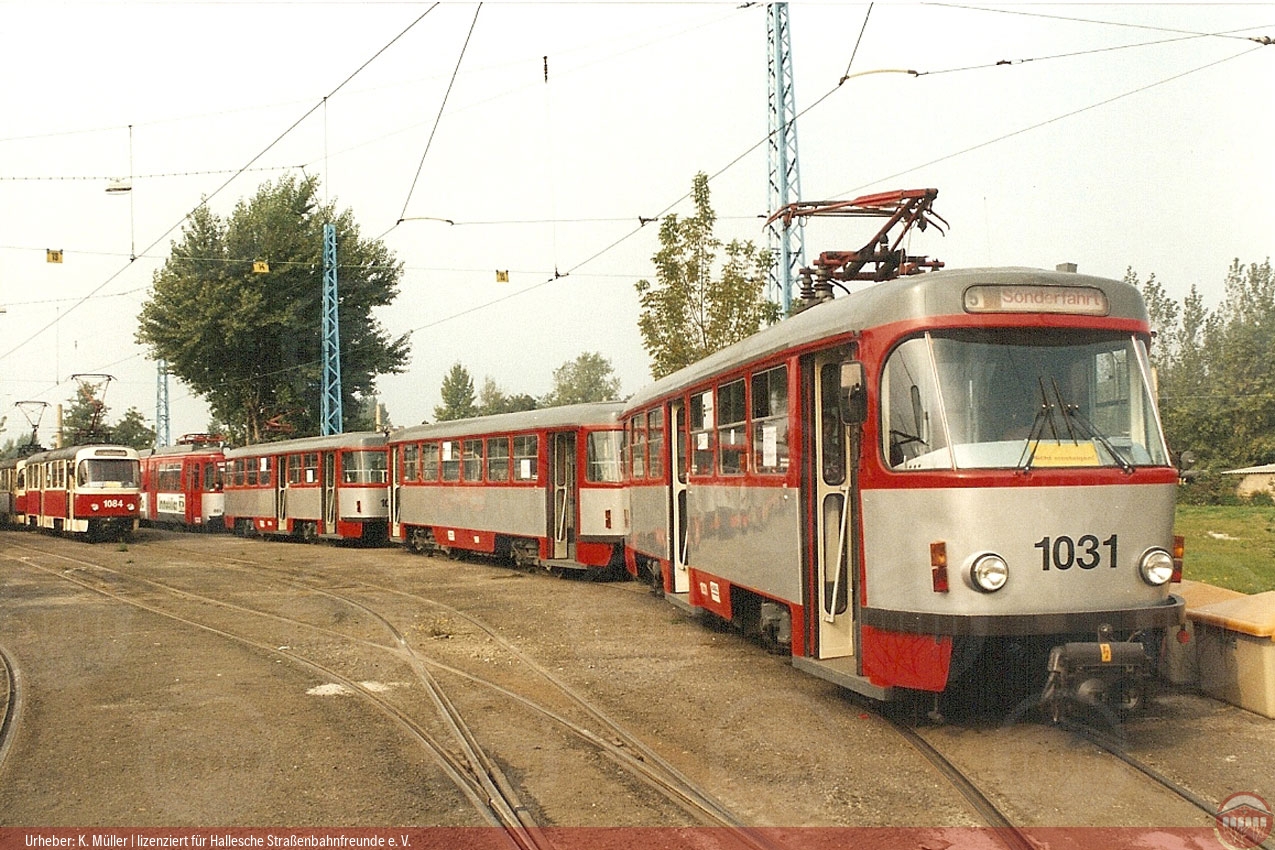Foto des Tatra-Zuges 1030/150/1031 im Betriebshof Merseburg